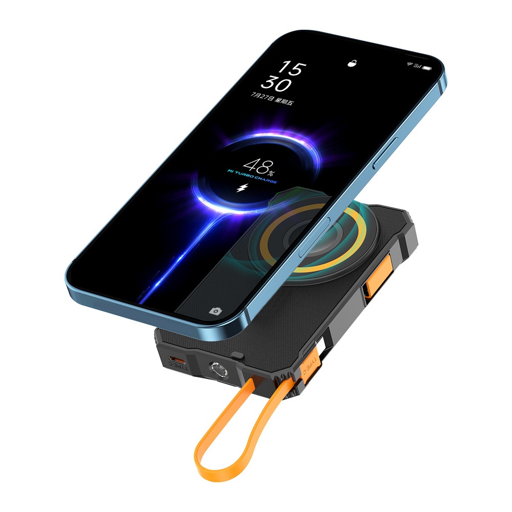 5-in-1 Solar Wireless Power Bank, 5000mAh Portable Charger with LED Light & Multiple Type-C Outputs, Black