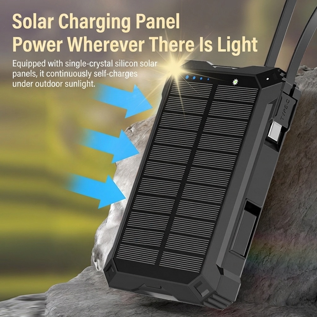 5-in-1 Solar Wireless Power Bank, 5000mAh Portable Charger with LED Light & Multiple Type-C Outputs, Black