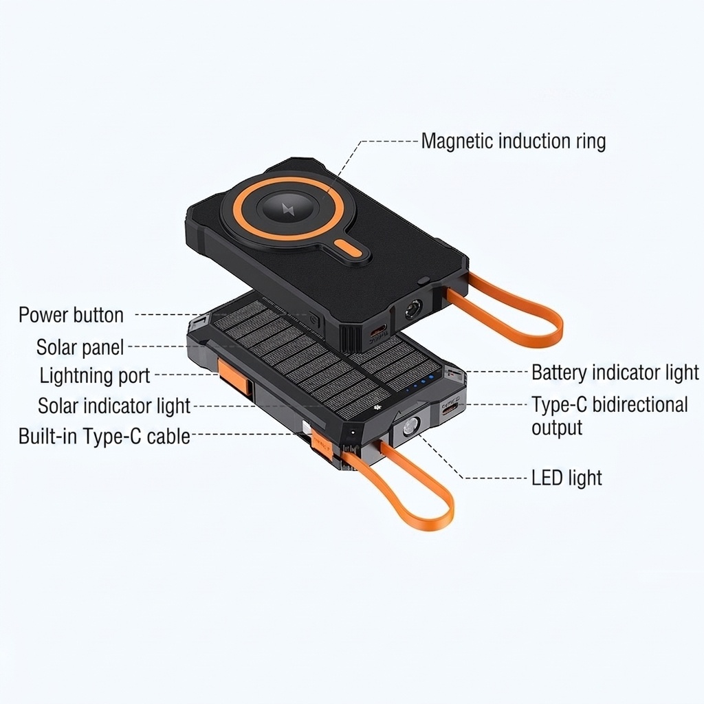 5-in-1 Solar Wireless Power Bank, 5000mAh Portable Charger with LED Light & Multiple Type-C Outputs, Black