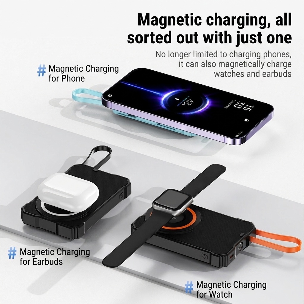 5-in-1 Solar Wireless Power Bank, 5000mAh Portable Charger with LED Light & Multiple Type-C Outputs, Black