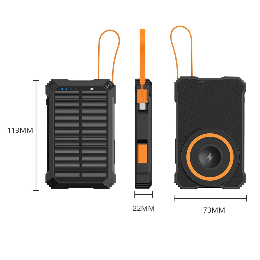 5-in-1 Solar Wireless Power Bank, 5000mAh Portable Charger with LED Light & Multiple Type-C Outputs, Black
