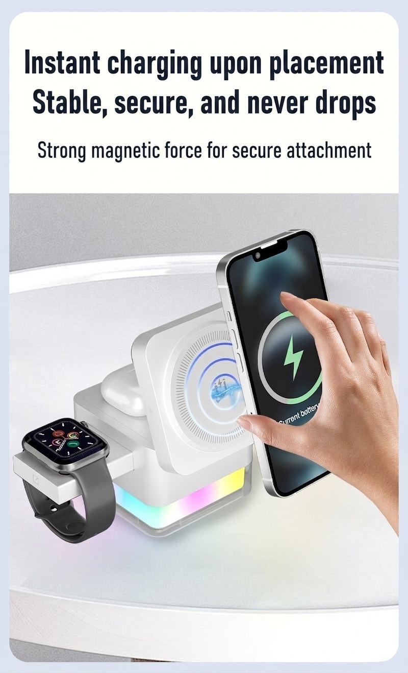 Portable 3-in-1 Wireless Charger Stand with RGB Light, Magnetic Fast Charging Station for iPhone, Watch & AirPods, White