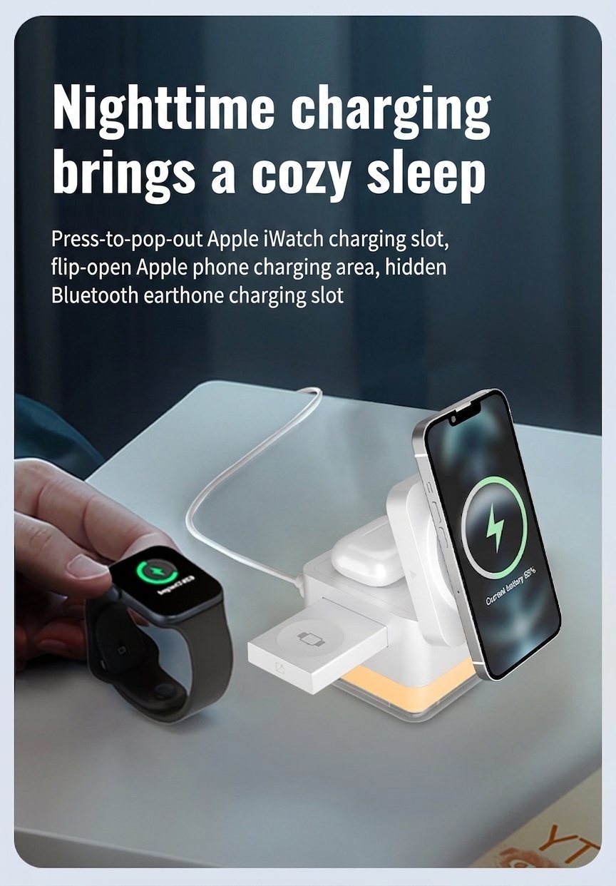 Portable 3-in-1 Wireless Charger Stand with RGB Light, Magnetic Fast Charging Station for iPhone, Watch & AirPods, White