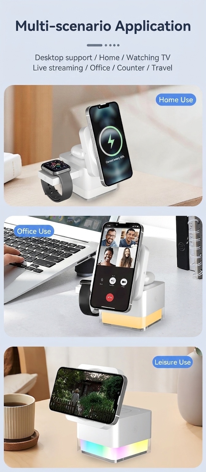 Portable 3-in-1 Wireless Charger Stand with RGB Light, Magnetic Fast Charging Station for iPhone, Watch & AirPods, White