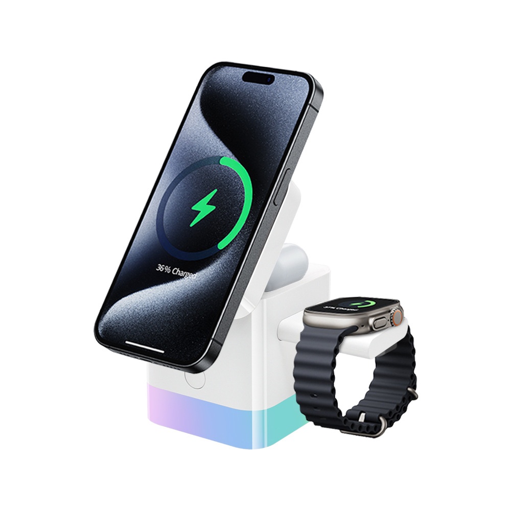 Portable 3-in-1 Wireless Charger Stand with RGB Light, Magnetic Fast Charging Station for iPhone, Watch & AirPods, White