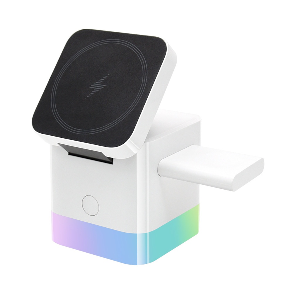 Portable 3-in-1 Wireless Charger Stand with RGB Light, Magnetic Fast Charging Station for iPhone, Watch & AirPods, White