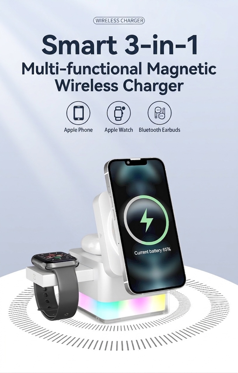 Portable 3-in-1 Wireless Charger Stand with RGB Light, Magnetic Fast Charging Station for iPhone, Watch & AirPods, White
