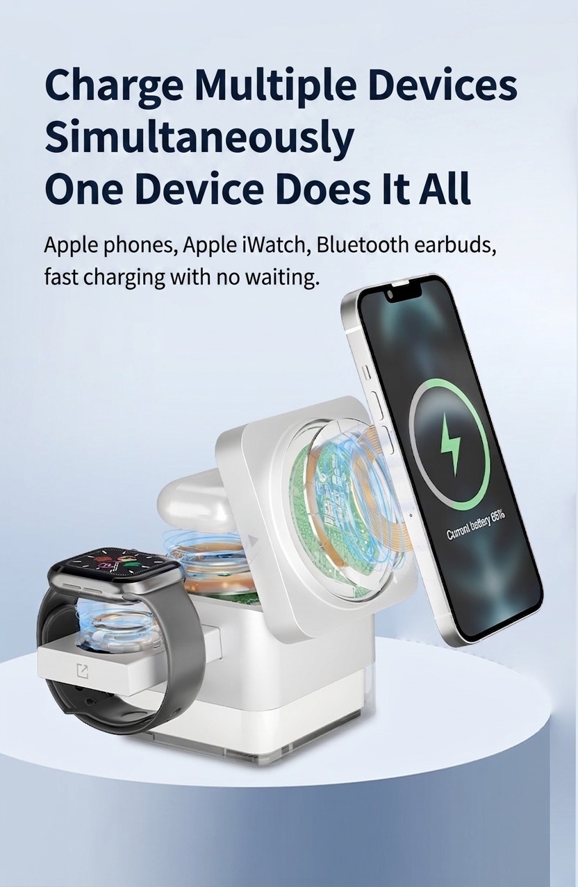 Portable 3-in-1 Wireless Charger Stand with RGB Light, Magnetic Fast Charging Station for iPhone, Watch & AirPods, White