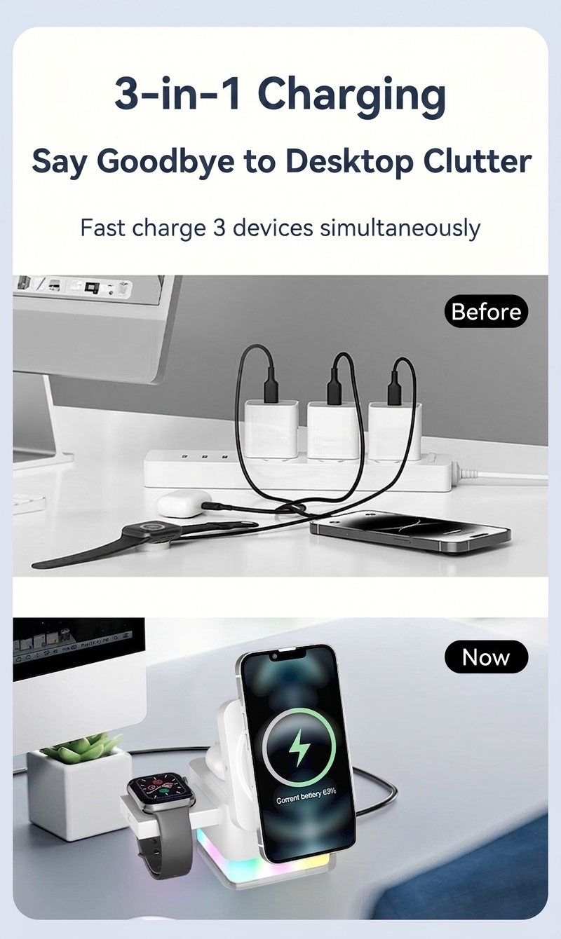 Portable 3-in-1 Wireless Charger Stand with RGB Light, Magnetic Fast Charging Station for iPhone, Watch & AirPods, White