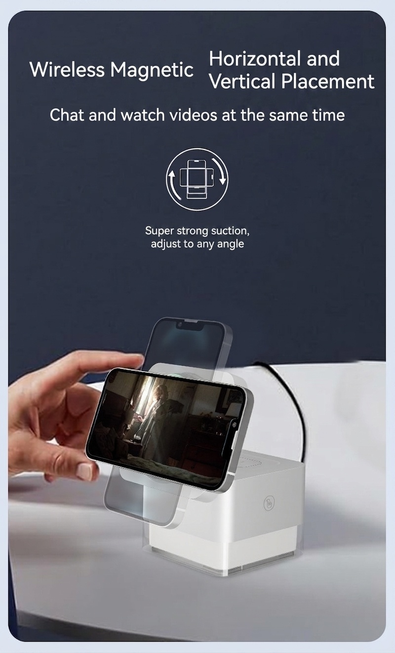 Portable 3-in-1 Wireless Charger Stand with RGB Light, Magnetic Fast Charging Station for iPhone, Watch & AirPods, White