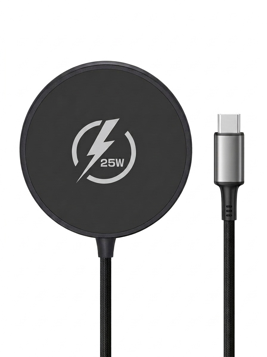 25W Magnetic Wireless Fast Charger Pad with 1m USB-C Cable, Aluminum Casing Fast Charging Station, White/Black
