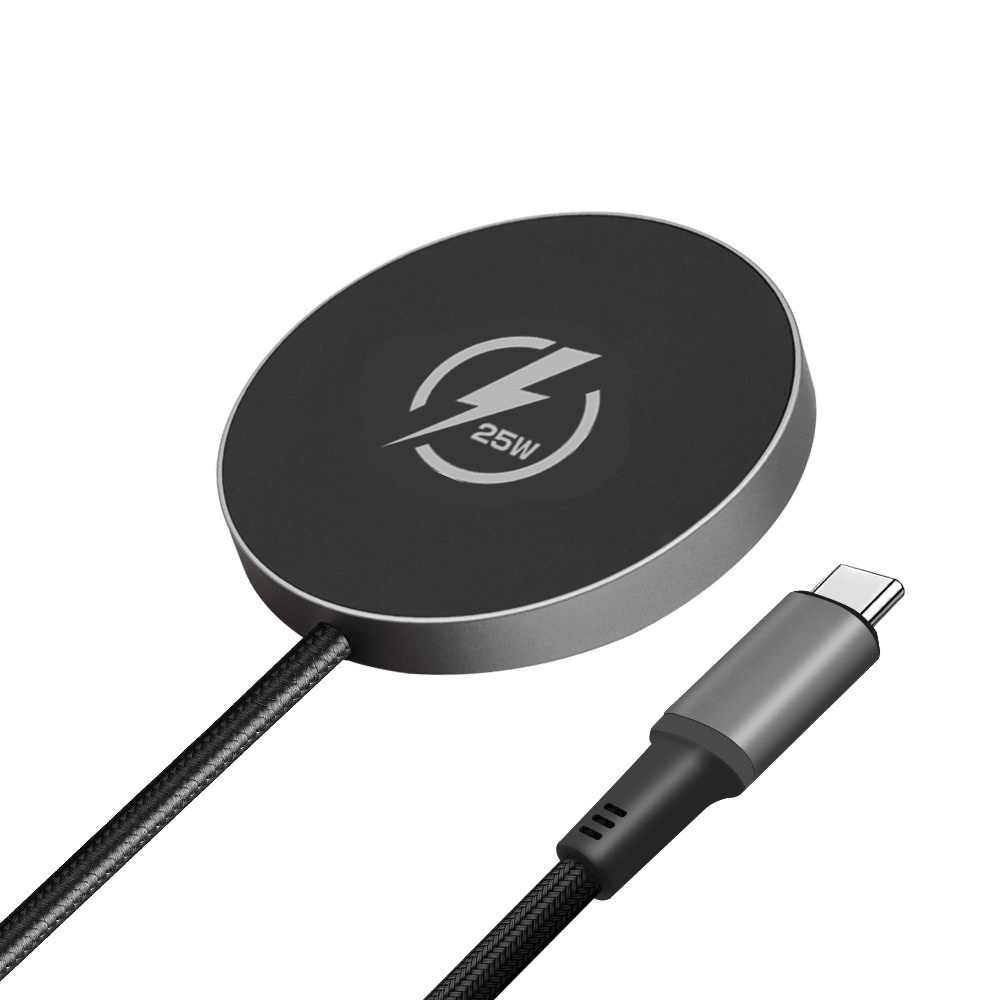 25W Magnetic Wireless Fast Charger Pad with 1m USB-C Cable, Aluminum Casing Fast Charging Station, White/Black