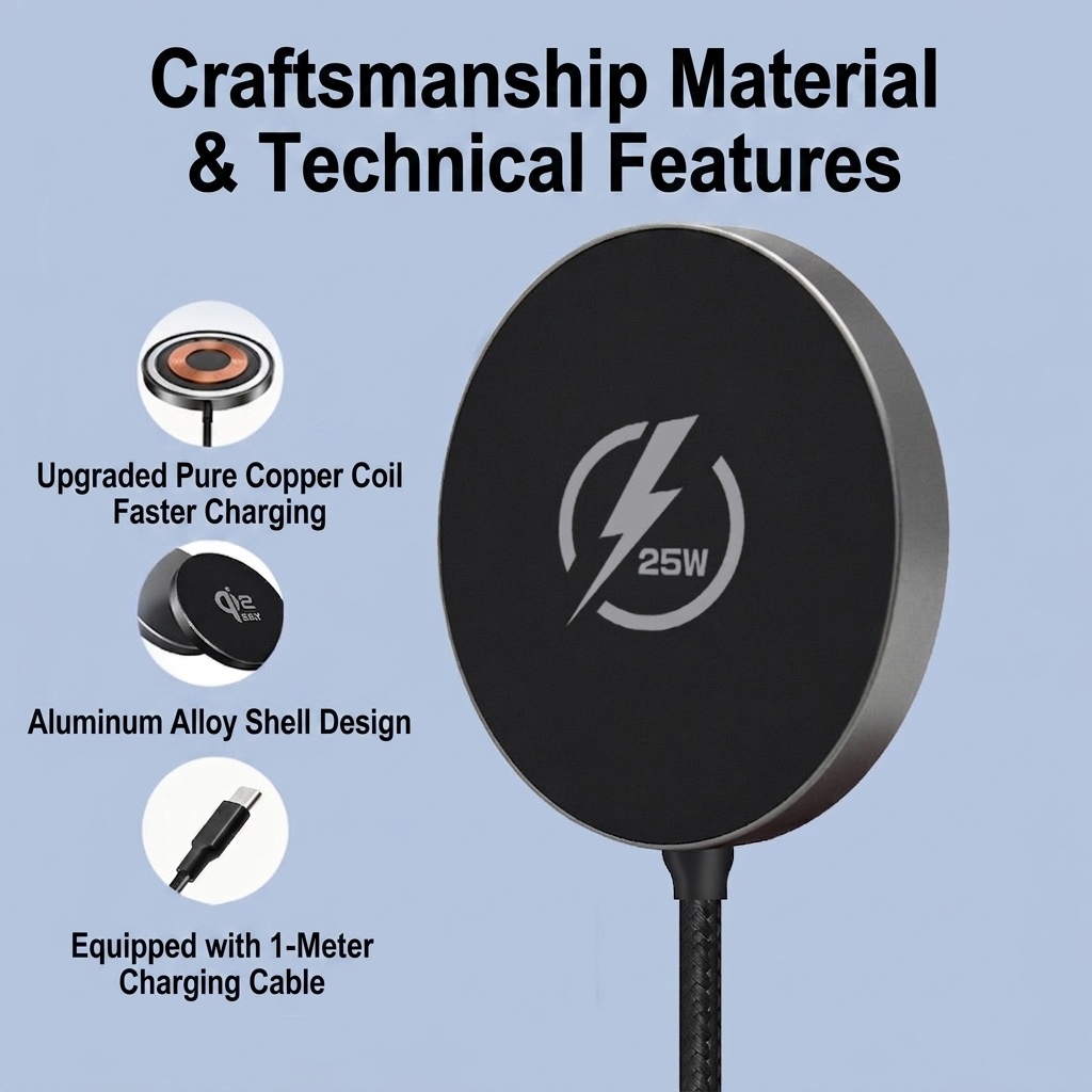 25W Magnetic Wireless Fast Charger Pad with 1m USB-C Cable, Aluminum Casing Fast Charging Station, White/Black
