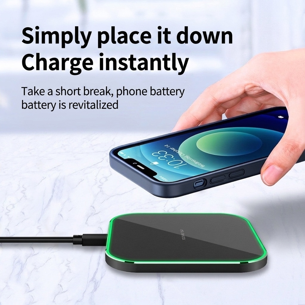 15W Fast Wireless Charger Pad with RGB LED Light, Qi Compatible Sleek Charging Station, White/Black
