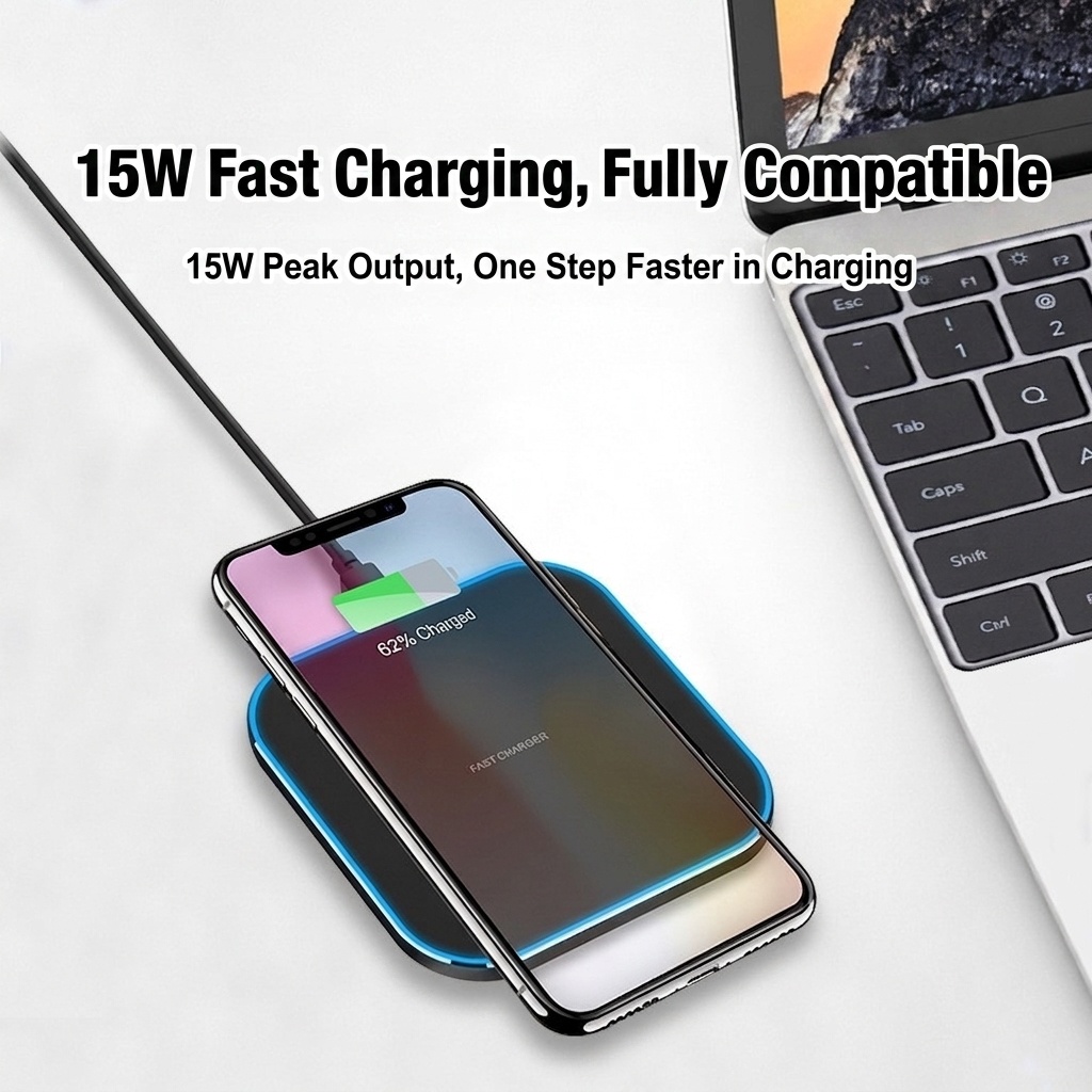 15W Fast Wireless Charger Pad with RGB LED Light, Qi Compatible Sleek Charging Station, White/Black