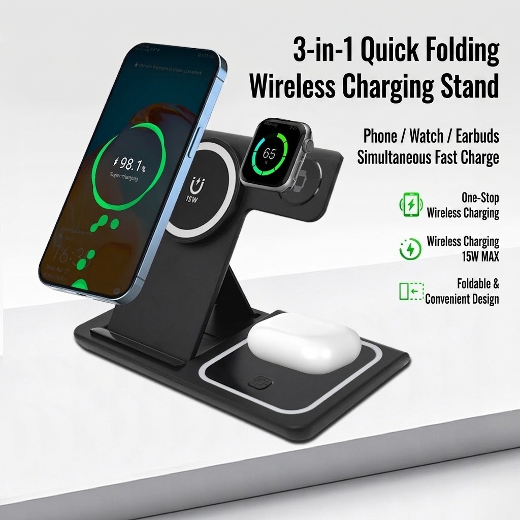 3-in-1 Foldable Wireless Charger Stand for Phone, Watch & Earbuds, 15W Fast Charging Station with Smart Protection, White/Black