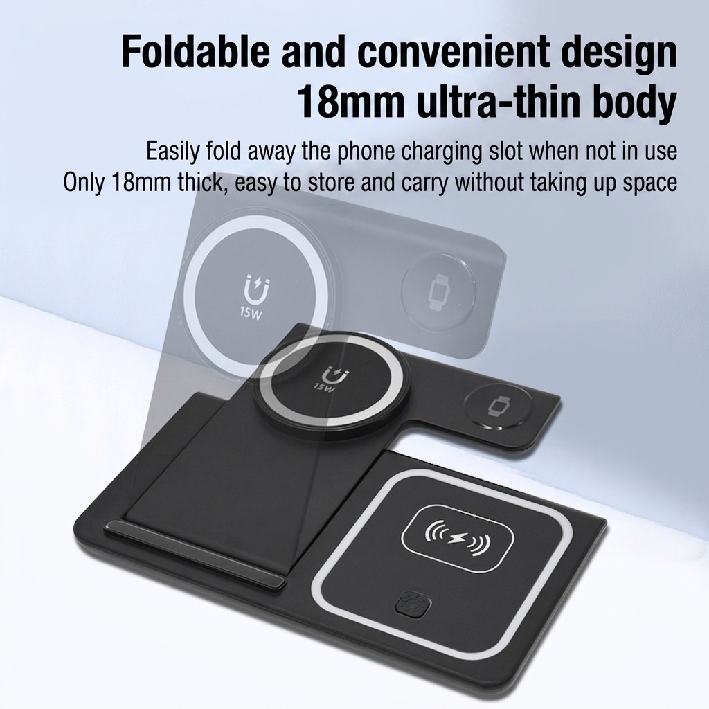 3-in-1 Foldable Wireless Charger Stand for Phone, Watch & Earbuds, 15W Fast Charging Station with Smart Protection, White/Black