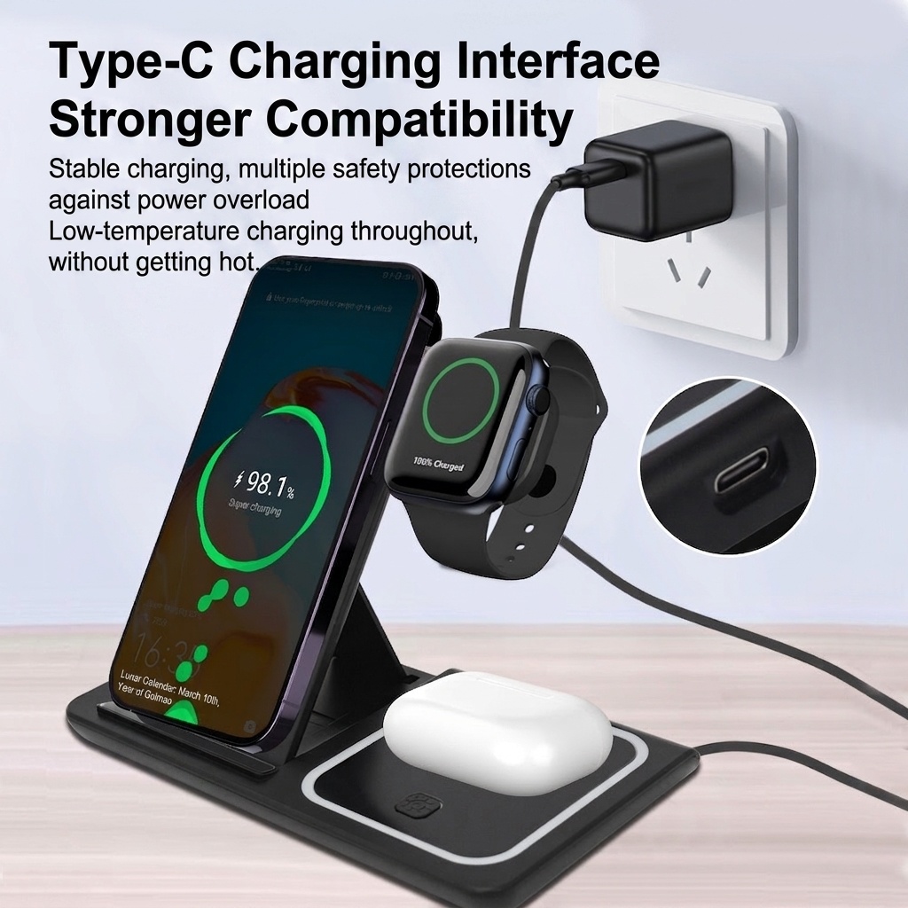 3-in-1 Foldable Wireless Charger Stand for Phone, Watch & Earbuds, 15W Fast Charging Station with Smart Protection, White/Black