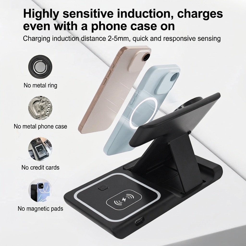 3-in-1 Foldable Wireless Charger Stand for Phone, Watch & Earbuds, 15W Fast Charging Station with Smart Protection, White/Black