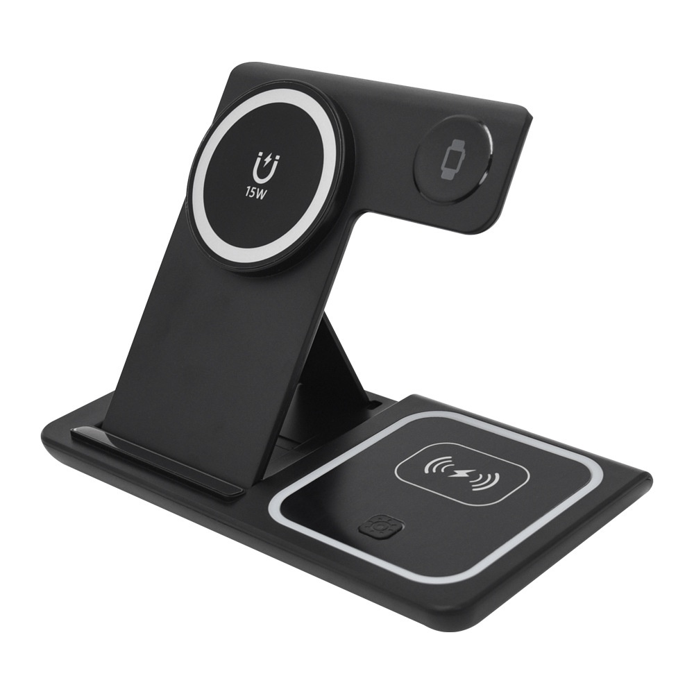 3-in-1 Foldable Wireless Charger Stand for Phone, Watch & Earbuds, 15W Fast Charging Station with Smart Protection, White/Black