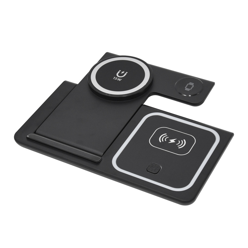 3-in-1 Foldable Wireless Charger Stand for Phone, Watch & Earbuds, 15W Fast Charging Station with Smart Protection, White/Black