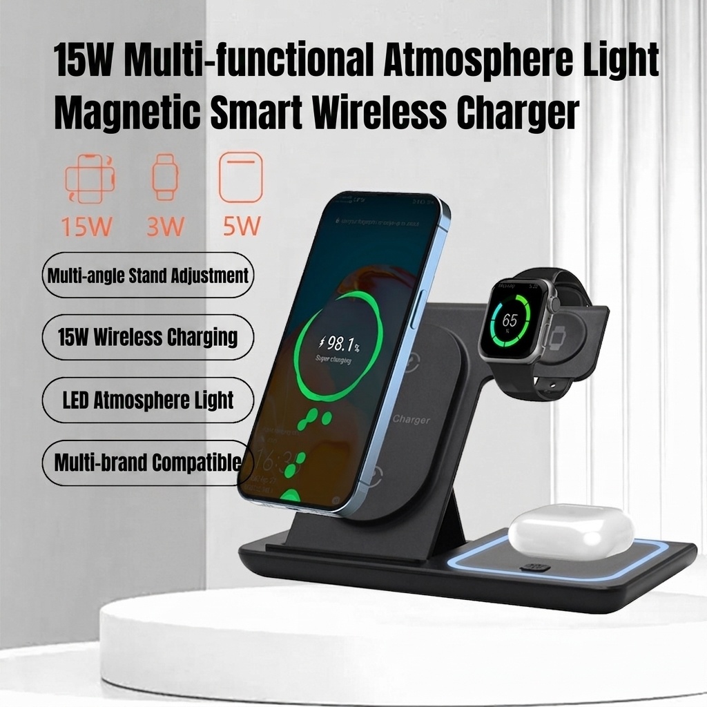 3-in-1 Foldable Wireless Charger Stand for Phone, Watch & Earbuds, 15W Fast Charging Station with Smart Protection, White/Black