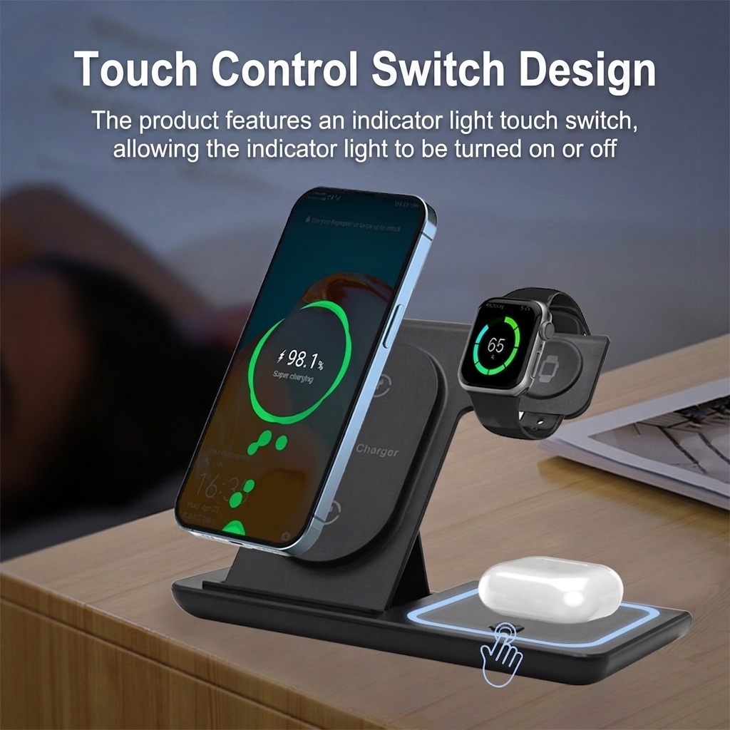 3-in-1 Foldable Wireless Charger Stand for Phone, Watch & Earbuds, 15W Fast Charging Station with Smart Protection, White/Black