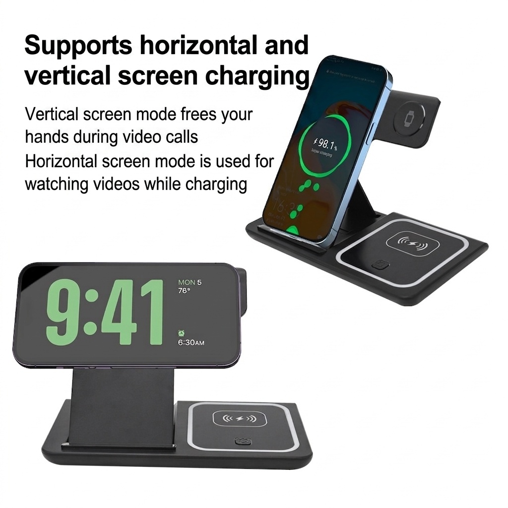 3-in-1 Foldable Wireless Charger Stand for Phone, Watch & Earbuds, 15W Fast Charging Station with Smart Protection, White/Black
