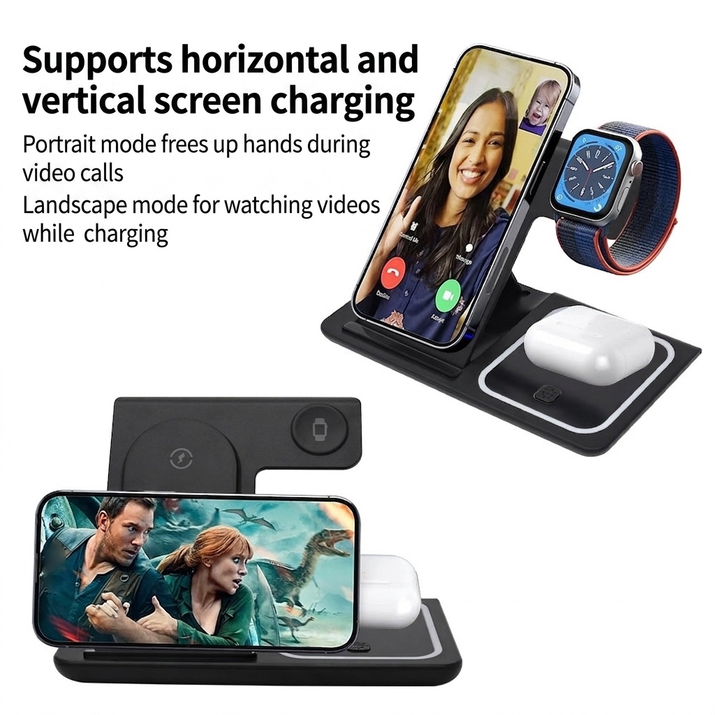 3-in-1 Foldable Wireless Charger Stand for Phone, Watch & Earbuds, 15W Fast Charging Station with Smart Protection, White/Black