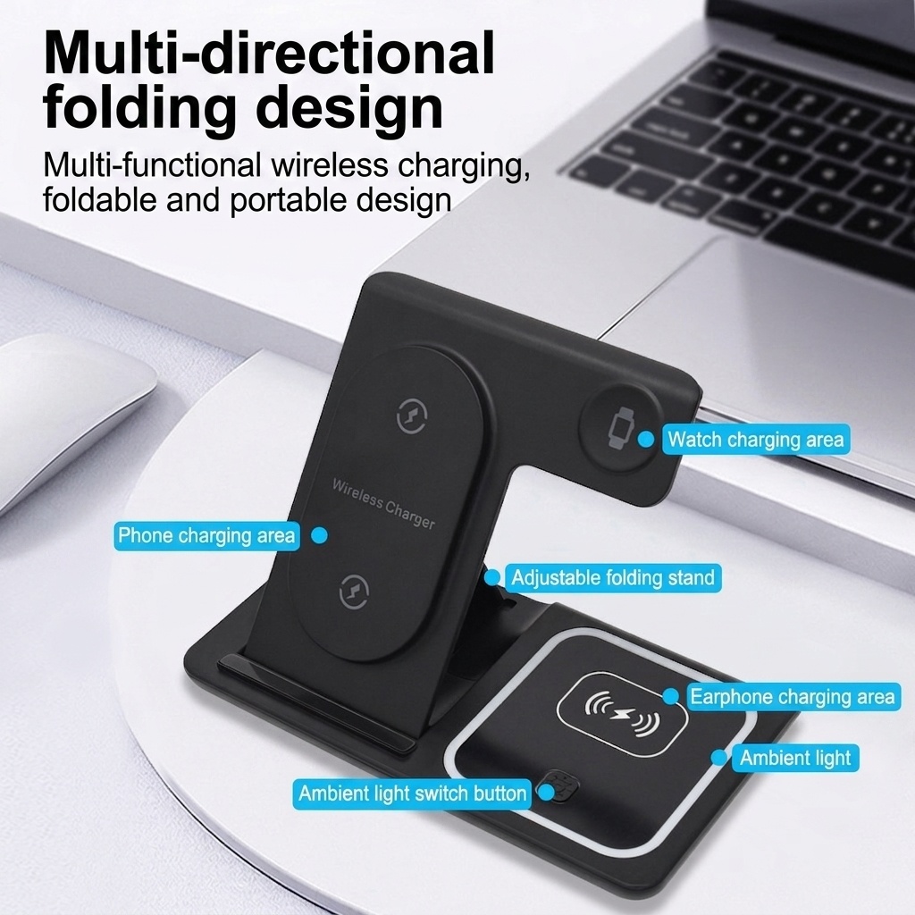 3-in-1 Foldable Wireless Charger Stand for Phone, Watch & Earbuds, 15W Fast Charging Station with Smart Protection, White/Black