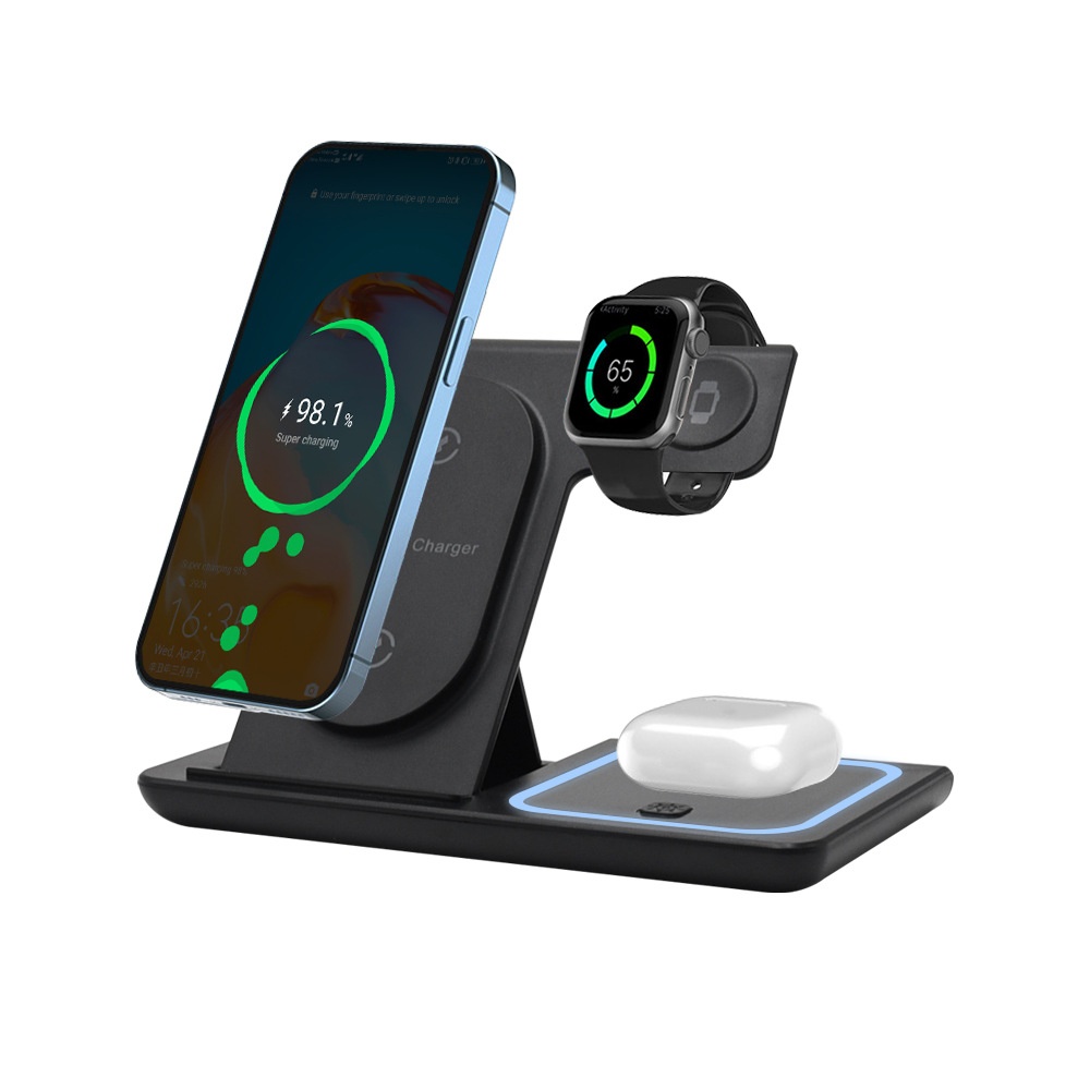 3-in-1 Foldable Wireless Charger Stand for Phone, Watch & Earbuds, 15W Fast Charging Station with Smart Protection, White/Black