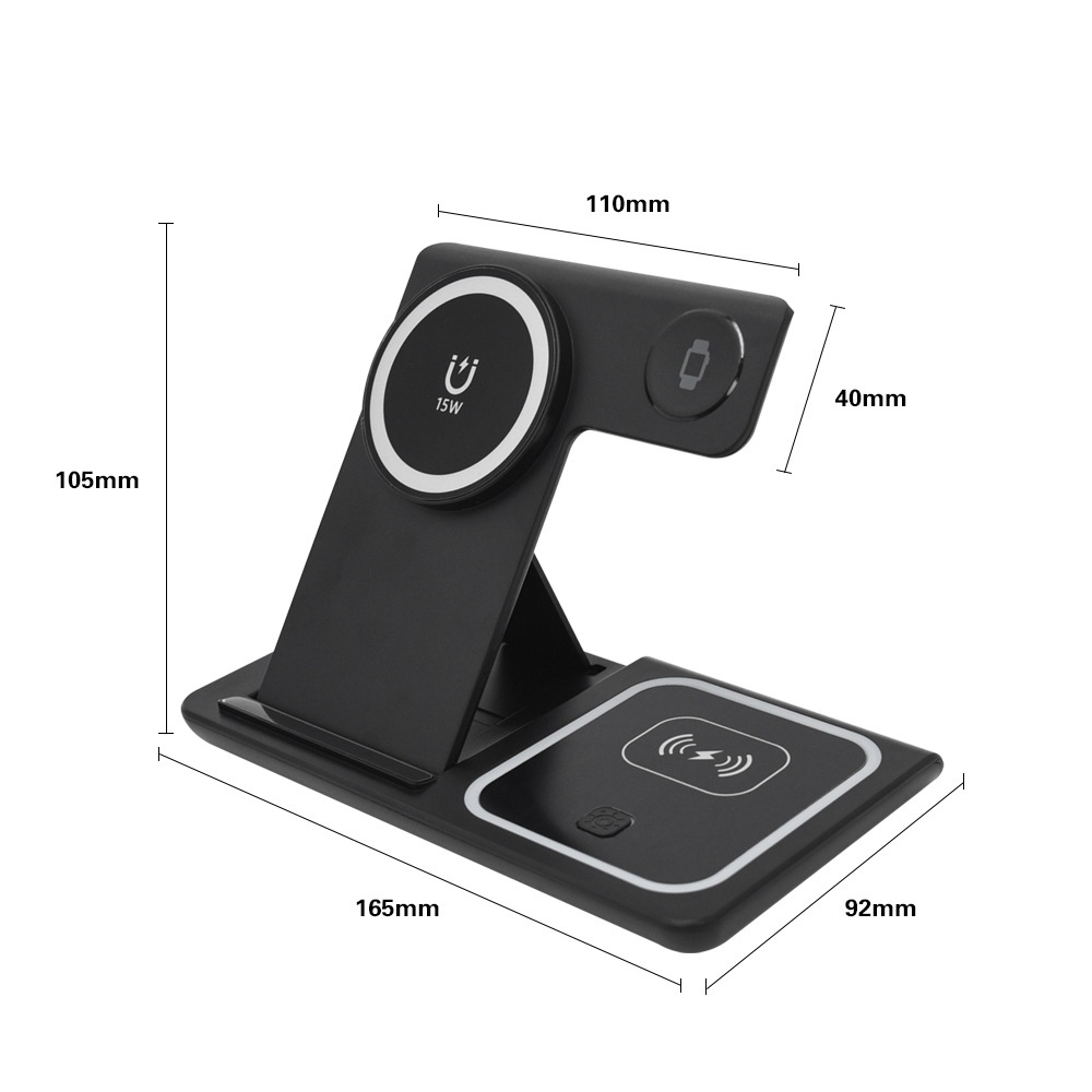 3-in-1 Foldable Wireless Charger Stand for Phone, Watch & Earbuds, 15W Fast Charging Station with Smart Protection, White/Black