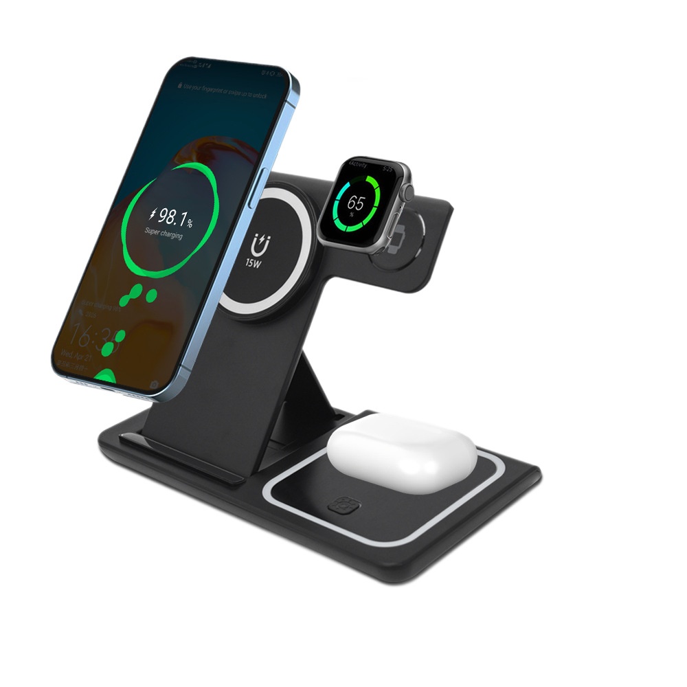 3-in-1 Foldable Wireless Charger Stand for Phone, Watch & Earbuds, 15W Fast Charging Station with Smart Protection, White/Black