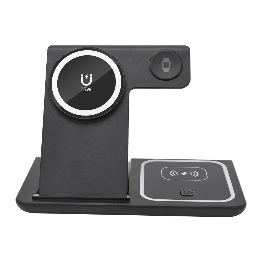 3-in-1 Foldable Wireless Charger Stand for Phone, Watch & Earbuds, 15W Fast Charging Station with Smart Protection, White/Black