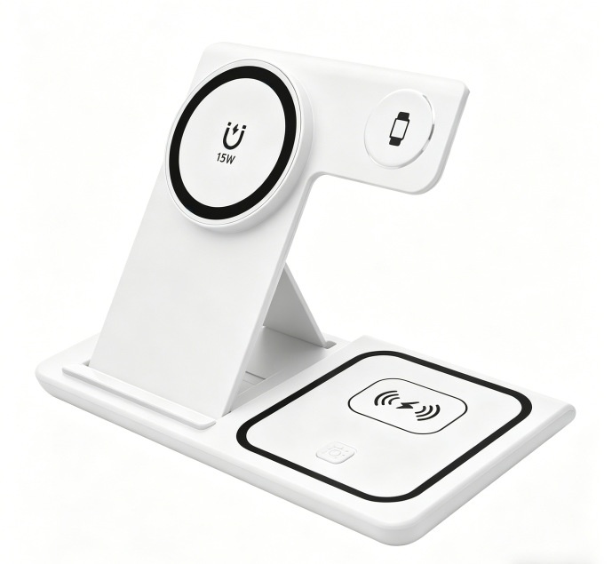 3-in-1 Foldable Wireless Charger Stand for Phone, Watch & Earbuds, 15W Fast Charging Station with Smart Protection, White/Black