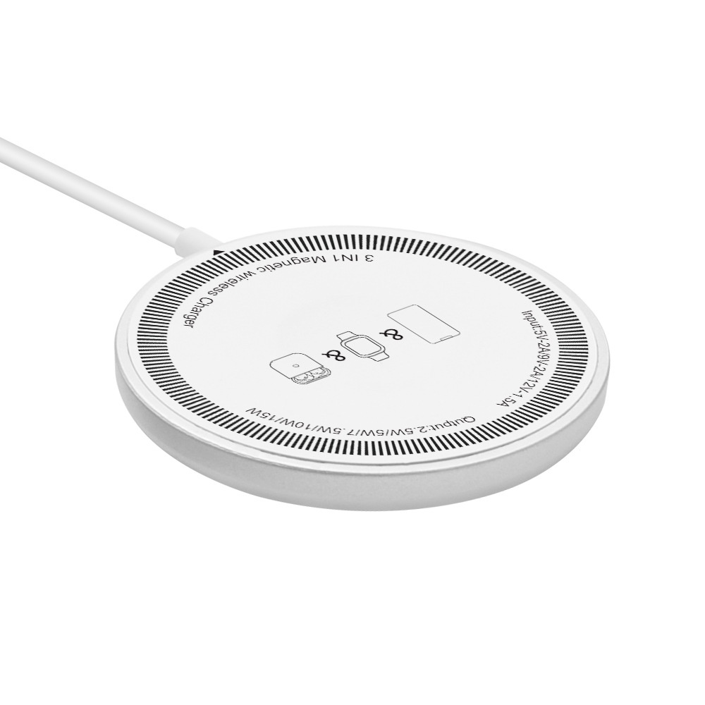 3-in-1 Magnetic Wireless Charger for iPhone, Watch & AirPods, 15W Fast Charging Station, Aluminum Alloy, White