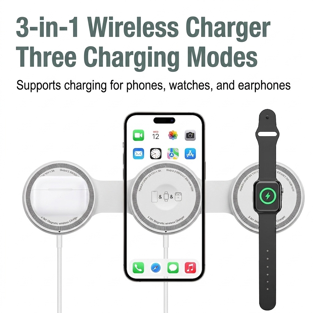 3-in-1 Magnetic Wireless Charger for iPhone, Watch & AirPods, 15W Fast Charging Station, Aluminum Alloy, White