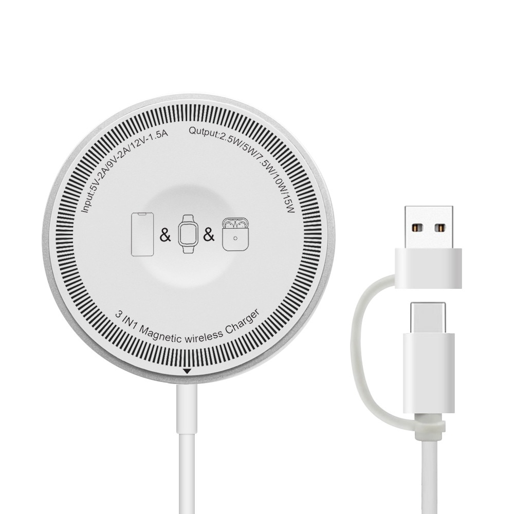 3-in-1 Magnetic Wireless Charger for iPhone, Watch & AirPods, 15W Fast Charging Station, Aluminum Alloy, White