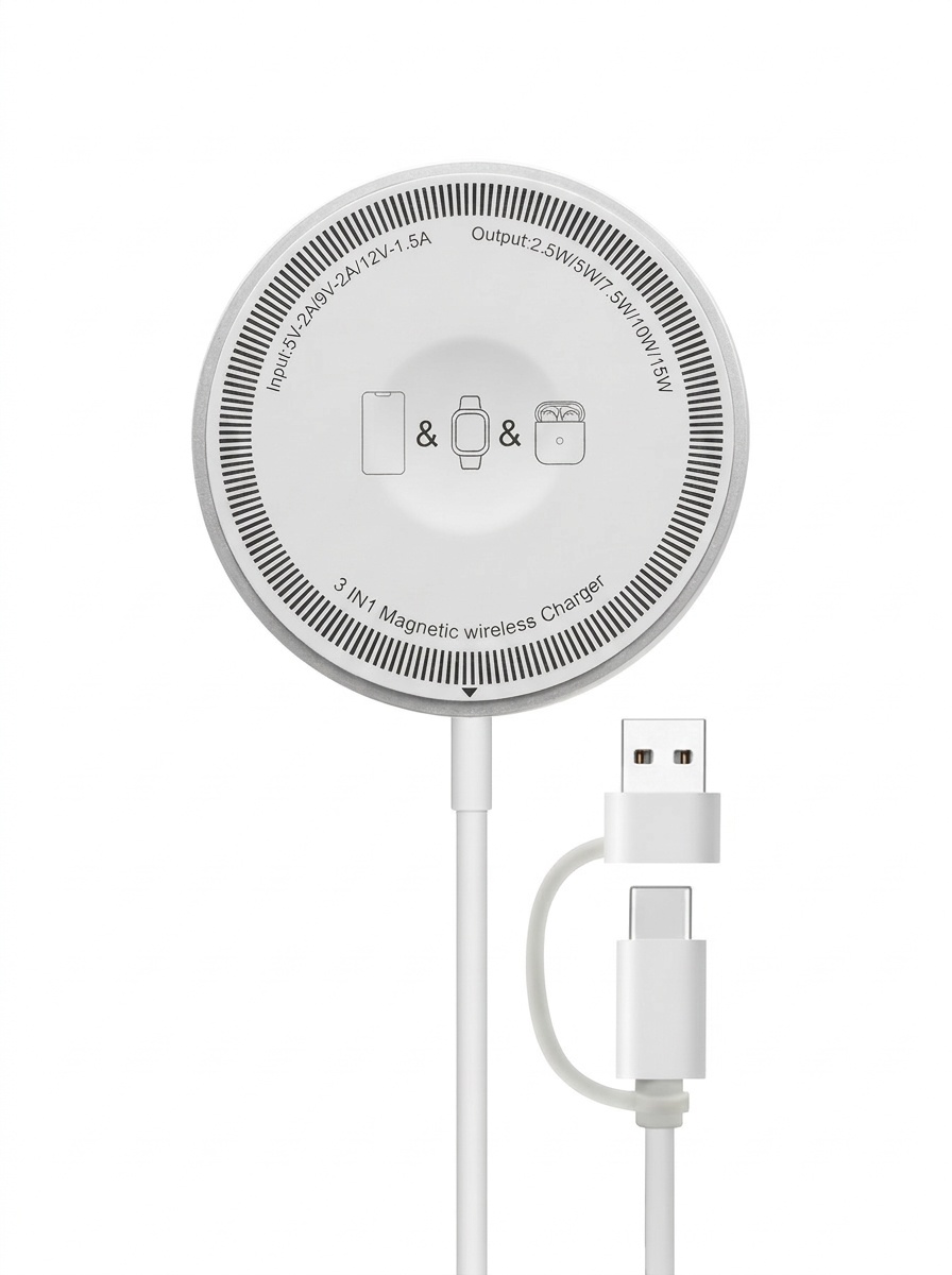 3-in-1 Magnetic Wireless Charger for iPhone, Watch & AirPods, 15W Fast Charging Station, Aluminum Alloy, White
