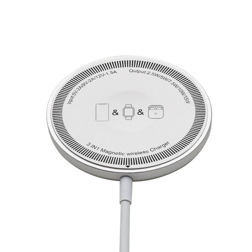3-in-1 Magnetic Wireless Charger for iPhone, Watch & AirPods, 15W Fast Charging Station, Aluminum Alloy, White