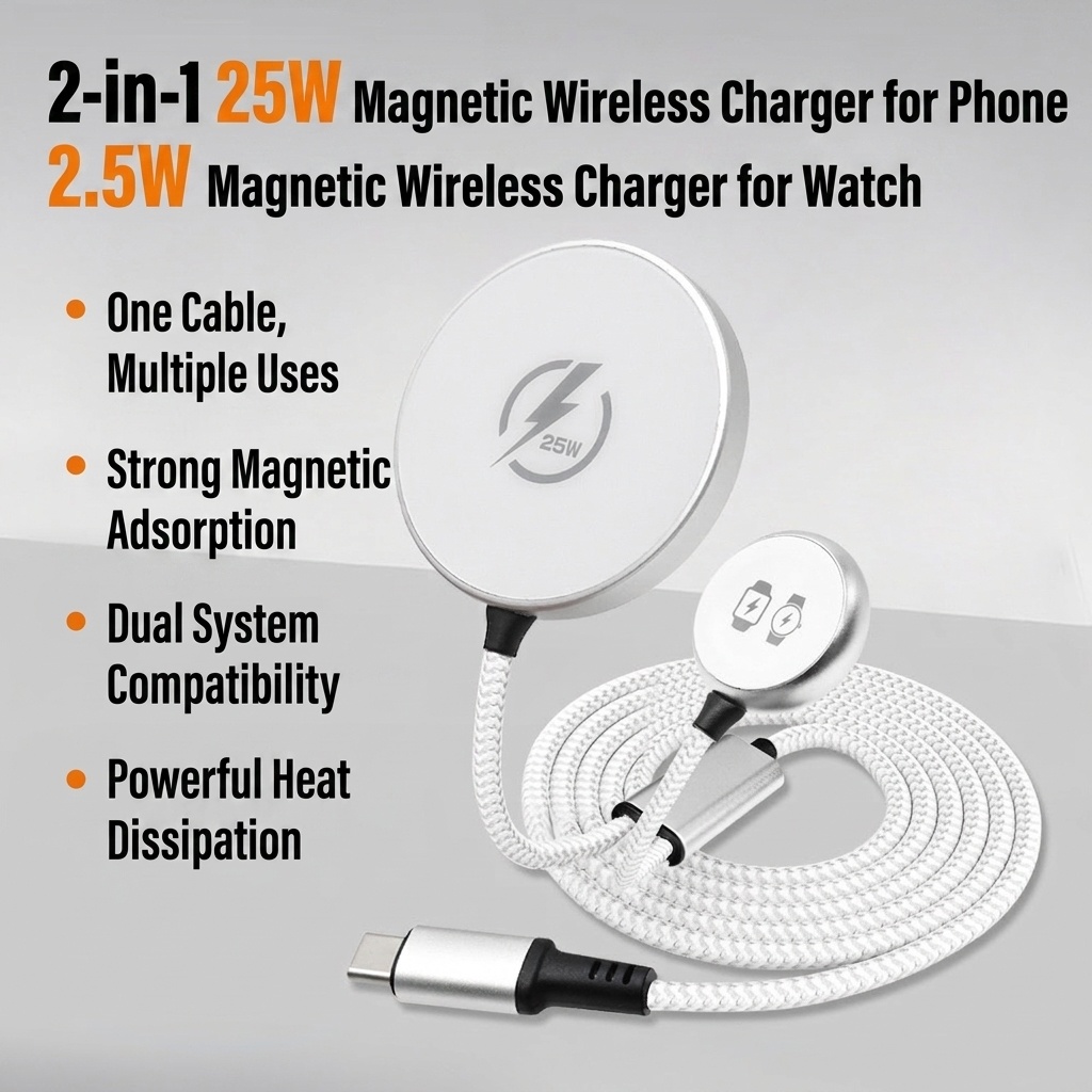 2-in-1 Magnetic Wireless Charger for Phone & Smartwatch, 25W/5W Fast Charging Braided Cable, Aluminum Alloy, White
