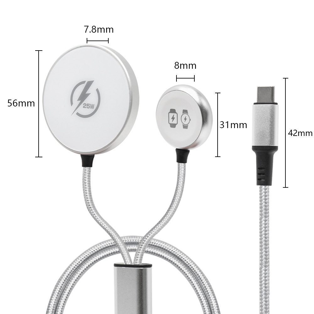 2-in-1 Magnetic Wireless Charger for Phone & Smartwatch, 25W/5W Fast Charging Braided Cable, Aluminum Alloy, White