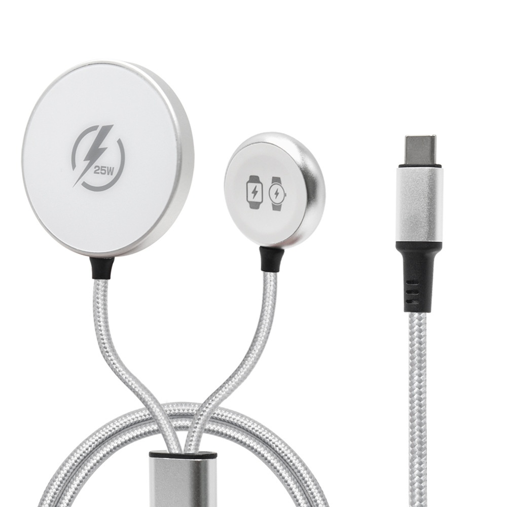 2-in-1 Magnetic Wireless Charger for Phone & Smartwatch, 25W/5W Fast Charging Braided Cable, Aluminum Alloy, White