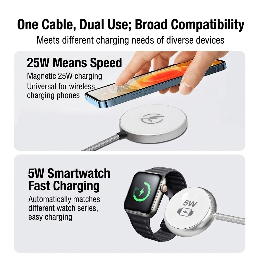 2-in-1 Magnetic Wireless Charger for Phone & Smartwatch, 25W/5W Fast Charging Braided Cable, Aluminum Alloy, White