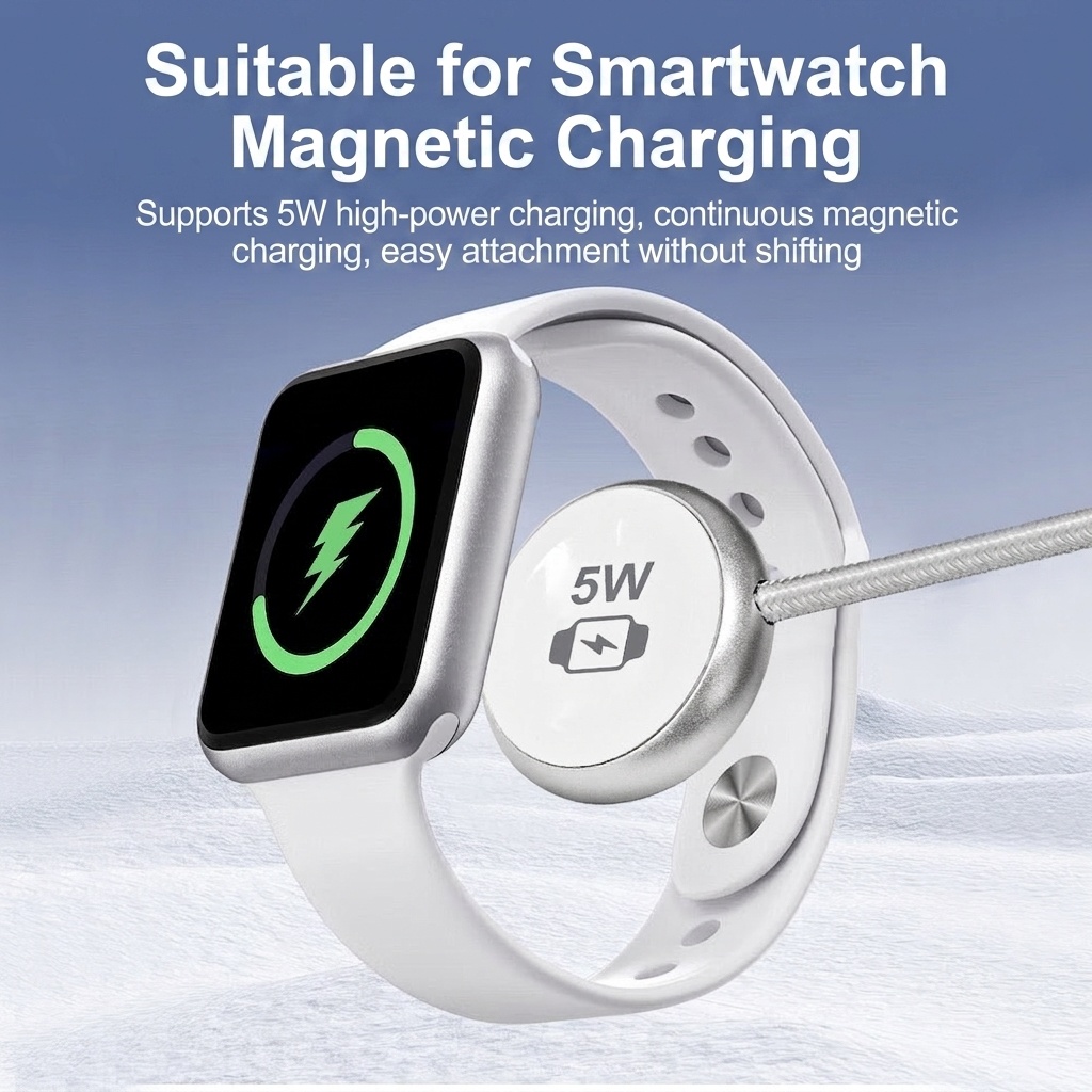 2-in-1 Magnetic Wireless Charger for Phone & Smartwatch, 25W/5W Fast Charging Braided Cable, Aluminum Alloy, White