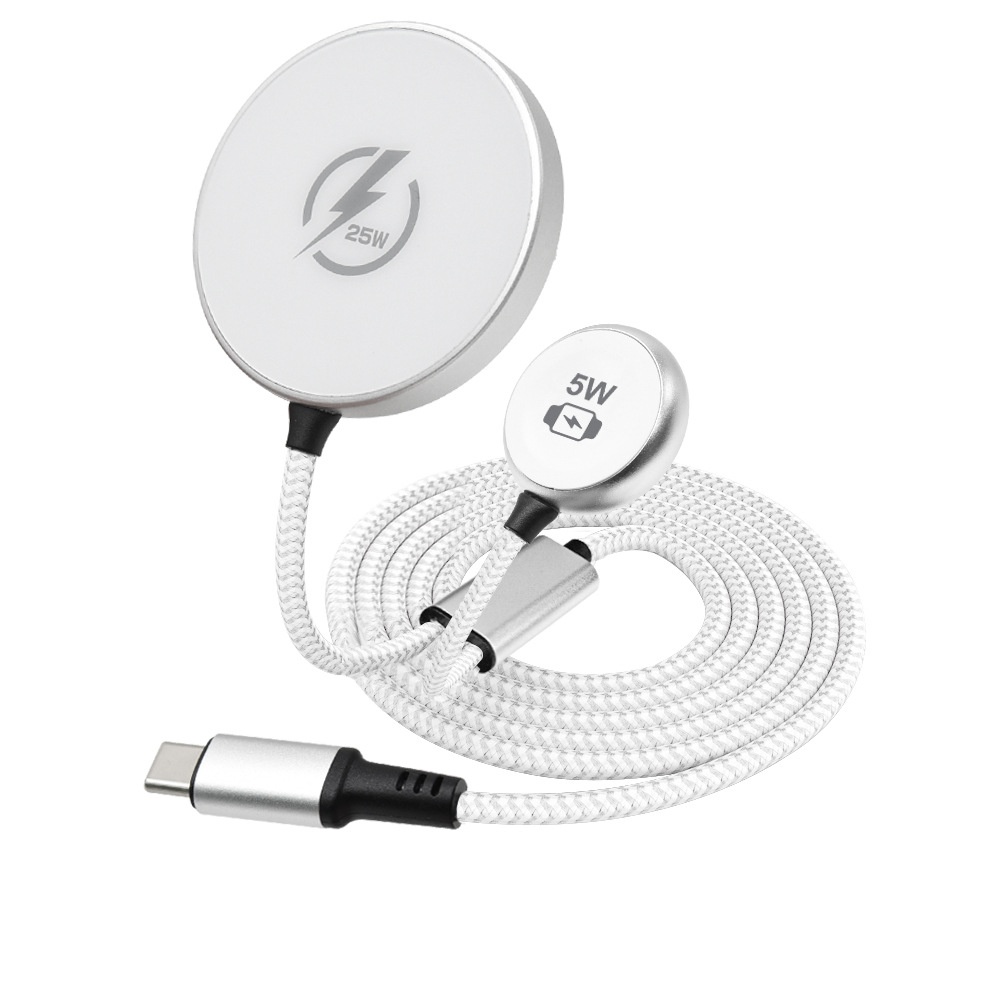2-in-1 Magnetic Wireless Charger for Phone & Smartwatch, 25W/5W Fast Charging Braided Cable, Aluminum Alloy, White