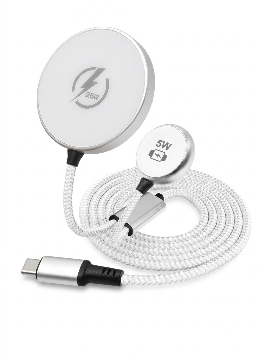 2-in-1 Magnetic Wireless Charger for Phone & Smartwatch, 25W/5W Fast Charging Braided Cable, Aluminum Alloy, White