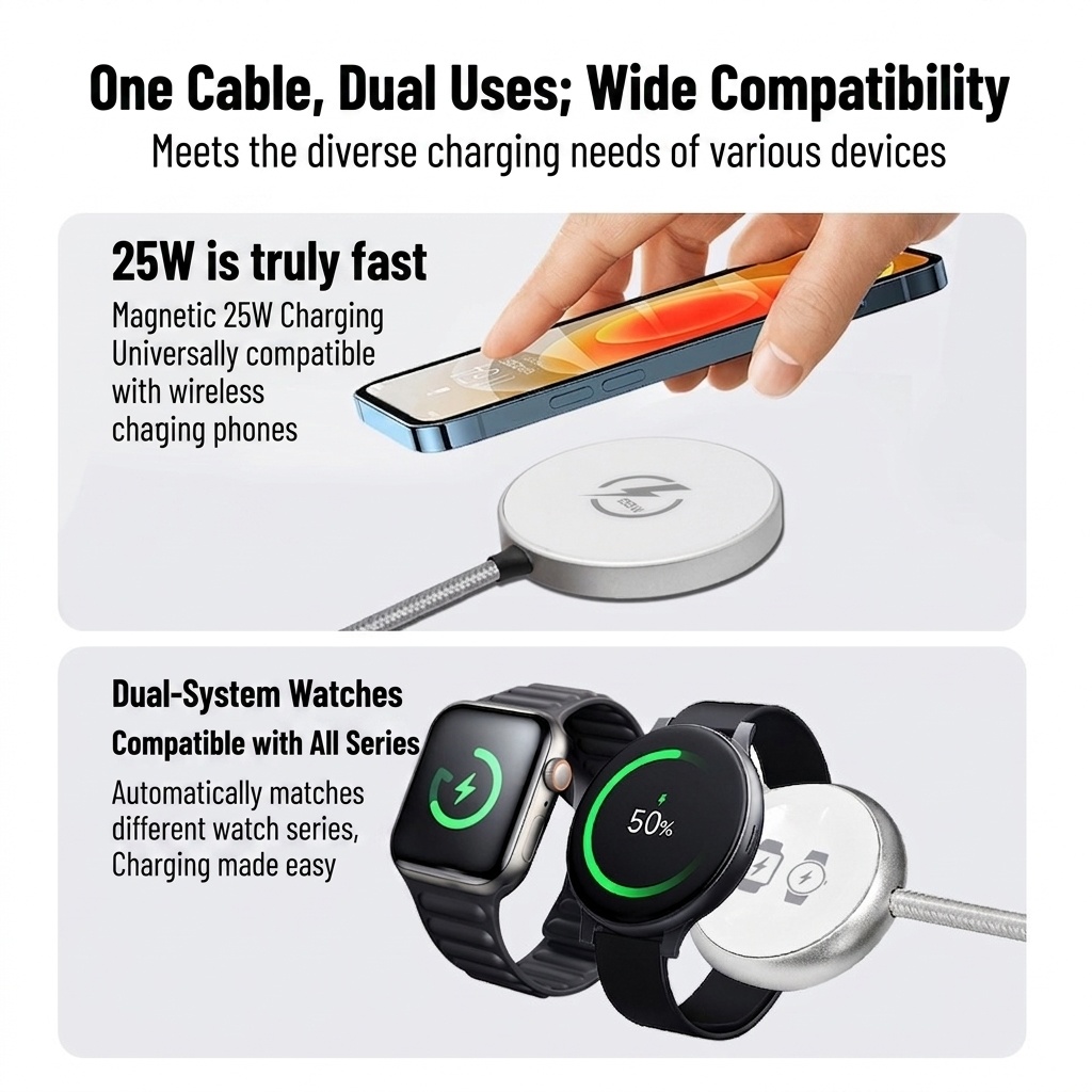 2-in-1 Magnetic Wireless Charger for Phone & Smartwatch, 25W/5W Fast Charging Braided Cable, Aluminum Alloy, White
