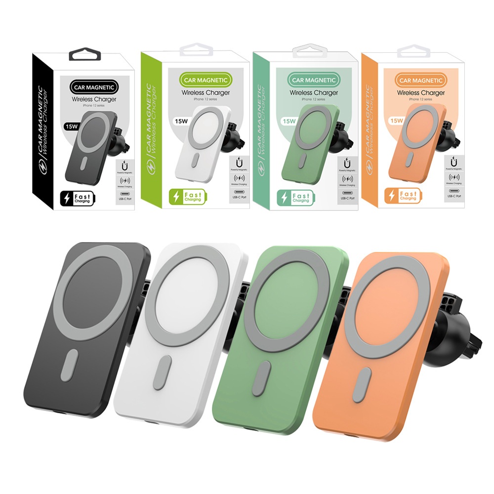 15W Magnetic Car Wireless Charger, Fast Charging Phone Vent Mount for Dashboard, Orange/Light Green/White/Black
