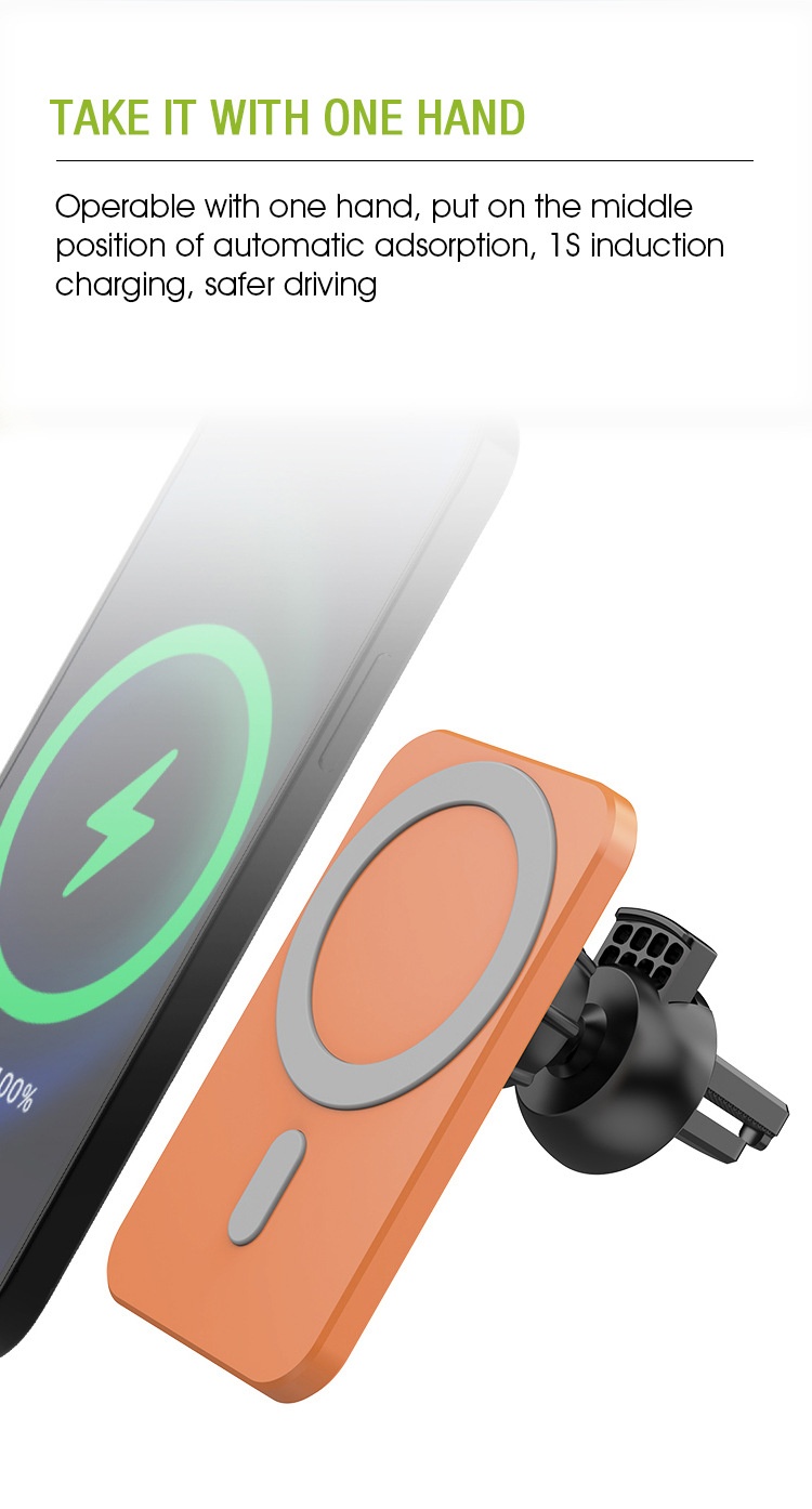 15W Magnetic Car Wireless Charger, Fast Charging Phone Vent Mount for Dashboard, Orange/Light Green/White/Black